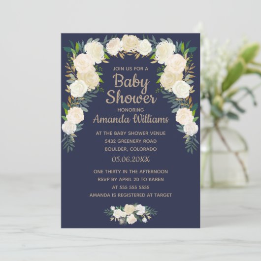 Elegant Navy Blue Floral Wreath Baby Shower Einladung (Stehend Vorderseite)