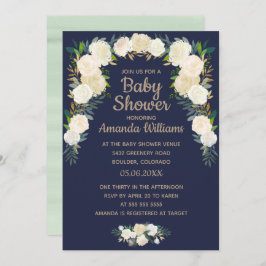 Elegant Navy Blue Floral Wreath Baby Shower Einladung