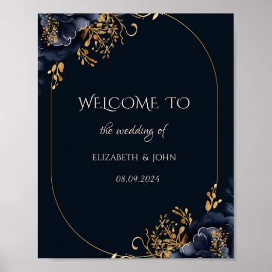Elegant Navy Blue Flowers Hochzeit Poster (Vorne)