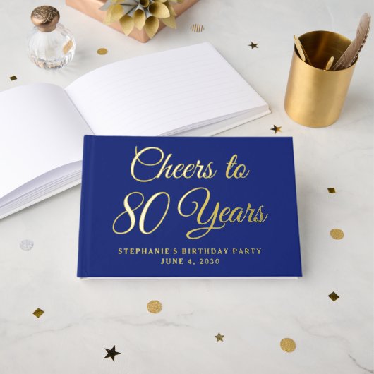 Elegant Navy Blue Foil jubelt bis 80 Jahre Gästebuch (Vorderseite Offen)