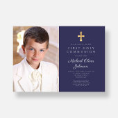 Elegant Navy Blue Foto Boy First Communation Einladung