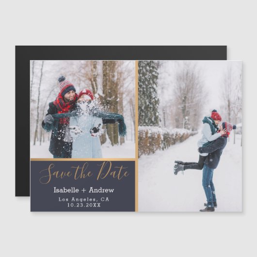 Elegant Navy Blue Foto Collage Gold Save the Date Magneteinladung (Vorne/Hinten)