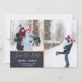 Elegant Navy Blue Foto Collage Gold Save the Date Magneteinladung (Vorderseite)