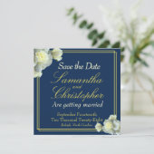 Elegant Navy Blue Foto Gold Script White Rose Save The Date (Stehend Vorderseite)