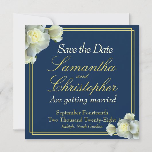 Elegant Navy Blue Foto Gold Script White Rose Save The Date (Vorderseite)