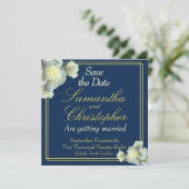 Elegant Navy Blue Foto Gold Script White Rose Save The Date (Stehend Vorderseite)