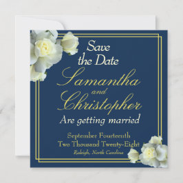 Elegant Navy Blue Foto Gold Script White Rose Save The Date