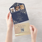 Elegant Navy Blue Foto QR Code Hochzeit All In One Einladung (Abreißen)