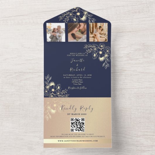 Elegant Navy Blue Foto QR Code Hochzeit All In One Einladung (Innen Boden)