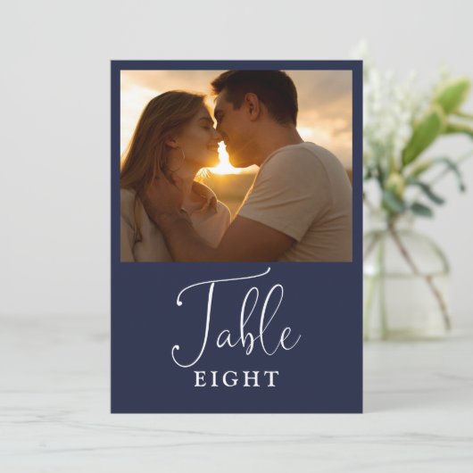 Elegant Navy Blue Foto Tischnummer (Stehend Vorderseite)