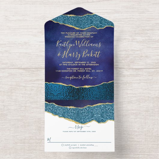 Elegant Navy Blue Geode Agate Wedding Real Foil All-in-One-Einladung (Innenseite)