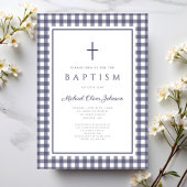 Elegant Navy Blue Gingham Boy Baptism Einladung