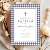 Elegant Navy Blue Gingham Boy Baptism Einladung