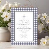 Elegant Navy Blue Gingham Boy First Communion Einladung