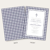 Elegant Navy Blue Gingham Boy First Communion Einladung