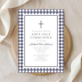 Elegant Navy Blue Gingham Boy First Communion Einladung