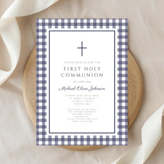 Elegant Navy Blue Gingham Boy First Communion Einladung