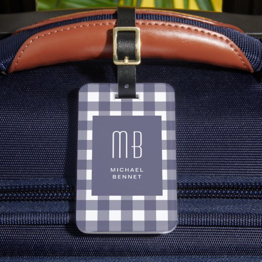 Elegant Navy Blue Gingham Monogram Gepäckanhänger (Vorderseite Insitu 2)