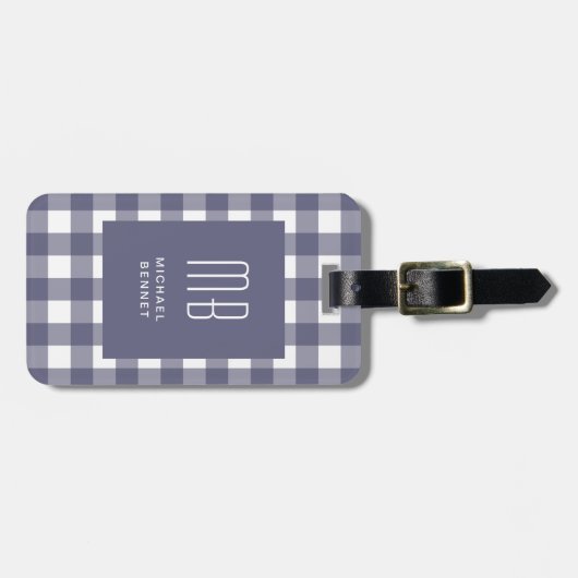 Elegant Navy Blue Gingham Monogram Gepäckanhänger (Vorderseite horizontal)