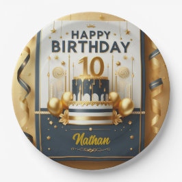 Elegant Navy Blue & Gold 10. Geburtstagsfeier Pappteller