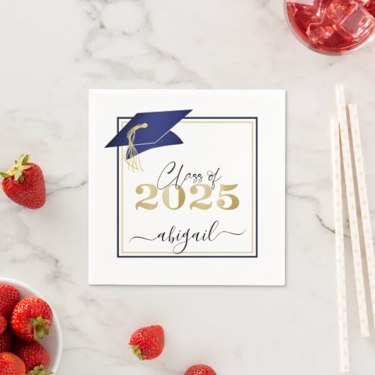 Elegant Navy Blue Gold 2023 Graduation Cap Script Serviette (Beispiel)