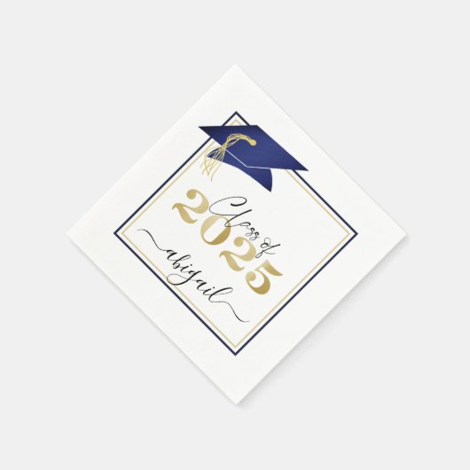 Elegant Navy Blue Gold 2023 Graduation Cap Script Serviette (Ecke)
