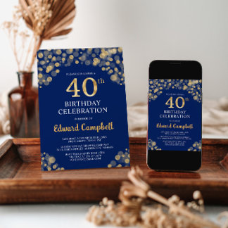Elegant Navy Blue & Gold 40. Geburtstag Einladung