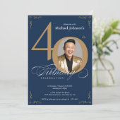 Elegant Navy Blue Gold 40. Geburtstag Einladung (Stehend Vorderseite)