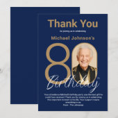 Elegant Navy Blue Gold 80th Birthday  Dankeskarte (Vorne/Hinten)