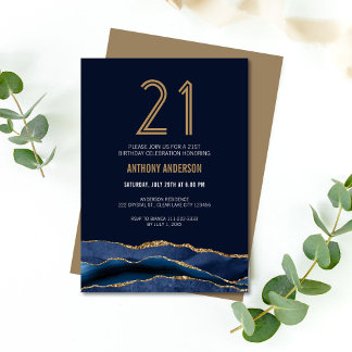 Elegant Navy Blue Gold Agate 21. Geburtstag Party Einladung
