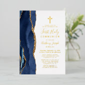 Elegant Navy Blue Gold Agate First Communation Folieneinladung (Stehend vorne)