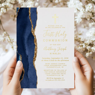 Elegant Navy Blue Gold Agate First Communation Folieneinladung