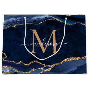 Elegant Navy Blue Gold Agate Geode Girly Monogram Große Geschenktüte