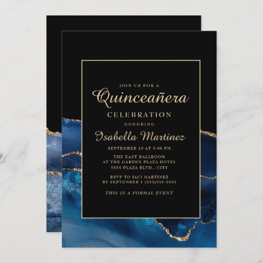 Elegant Navy Blue Gold Agate Marble Quinceañera Einladung (Vorne/Hinten)