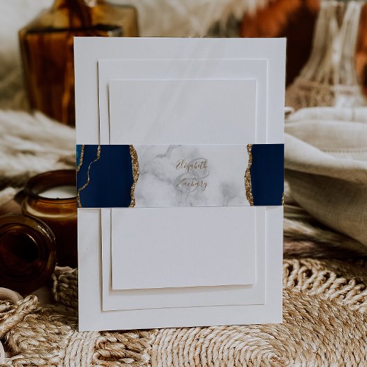 Elegant Navy Blue Gold Agate Marble Wedding Einladungsbanderole