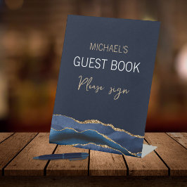 Elegant Navy Blue Gold Agate Men Gästebuch Pedes Sockelschild