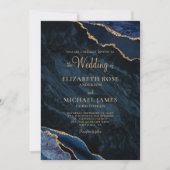Elegant Navy Blue Gold Agate Monogram Wedding Einladung (Vorderseite)