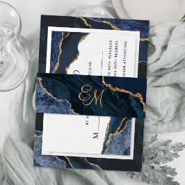 Elegant Navy Blue Gold Agate Monogram Wedding Einladungsbanderole