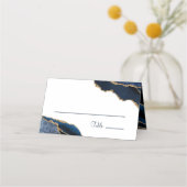 Elegant Navy Blue Gold Agate Monogram Wedding Platzkarte (Vorderseite)