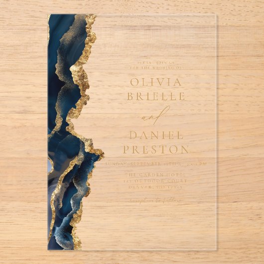 Elegant Navy Blue Gold Agate Wedding Acryleinladungen (Vorderseite)