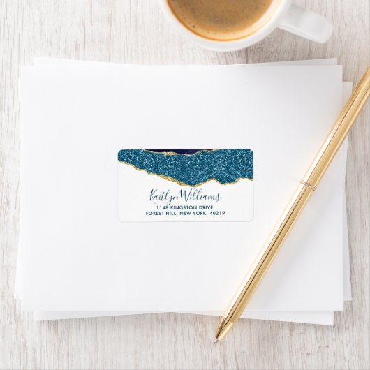 Elegant Navy Blue & Gold Agate Wedding Adressaufkleber (Insitu)