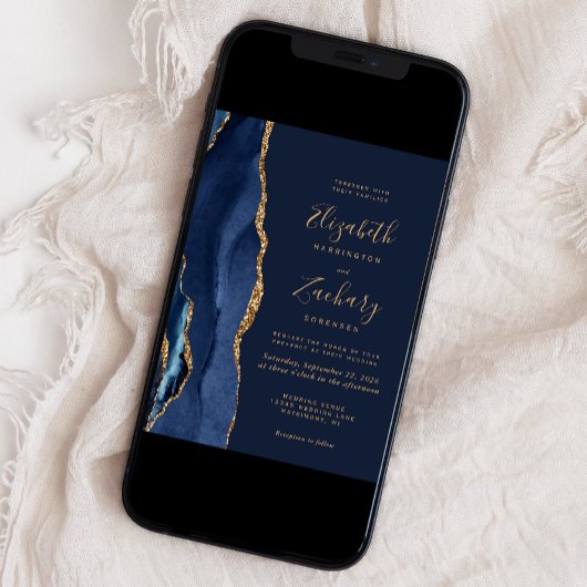 Elegant Navy Blue Gold Agate Wedding Einladung