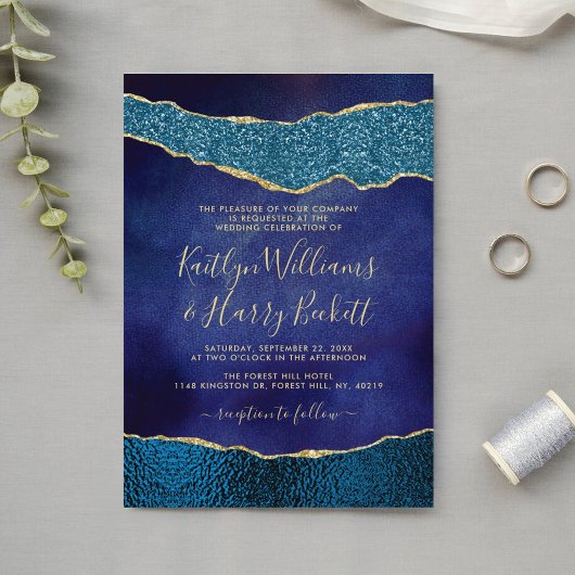 Elegant Navy Blue & Gold Agate Wedding Einladung