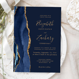 Elegant Navy Blue Gold Agate Wedding Einladung