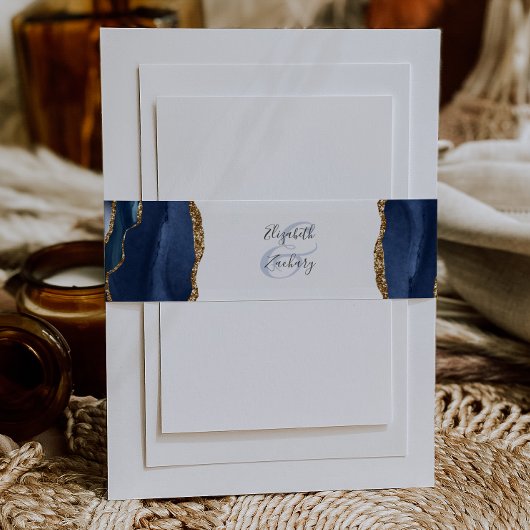 Elegant Navy Blue Gold Agate Wedding Einladungsbanderole