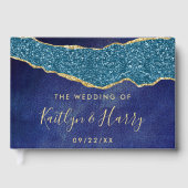 Elegant Navy Blue & Gold Agate Wedding Gästebuch (Vorderseite)