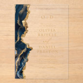 Elegant Navy Blue Gold Agate Wedding Monogram Acryleinladungen (Vorderseite)