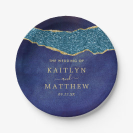 Elegant Navy Blue & Gold Agate Wedding Pappteller