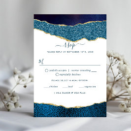 Elegant Navy Blue & Gold Agate Wedding RSVP Karte