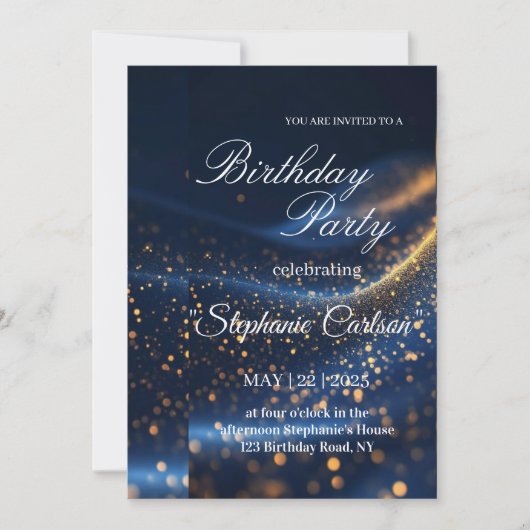 Elegant Navy Blue & Gold Birthday Party Invitation Einladung (Vorderseite)